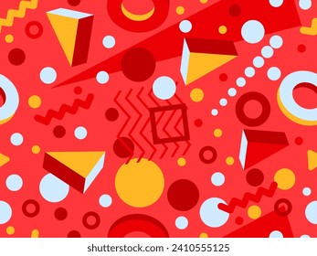 Memphis seamless pattern with 3d geometric shapes in 80s style. Colorful geometric pattern. Design of promotional products, wrapping paper and printing. Vector illustration