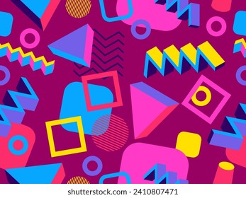 Memphis seamless pattern with 3d geometric shapes in 80s style. Colorful geometric pattern. Design of promotional products, wrapping paper and printing. Vector illustration