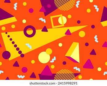 Memphis seamless pattern with 3d geometric shapes in 80s style. Colorful geometric pattern. Design of promotional products, wrapping paper and printing. Vector illustration