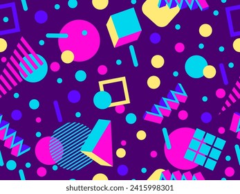 Memphis seamless pattern with 3d geometric shapes in 80s style. Colorful geometric pattern. Design of promotional products, wrapping paper and printing. Vector illustration