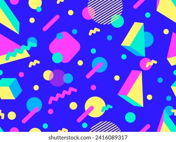 Memphis seamless pattern with 3d geometric shapes in 80s style. Colorful geometric pattern with isometric 3d shapes. Design of promotional products, wrapping paper and printing. Vector illustration