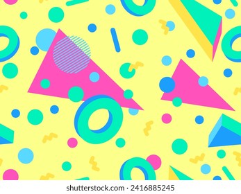 Memphis seamless pattern with 3d geometric shapes in 80s style. Colorful geometric pattern with isometric 3d shapes. Design of promotional products, wrapping paper and printing. Vector illustration