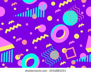 Memphis seamless pattern with 3d geometric shapes in 80s style. Colorful geometric pattern with isometric 3d shapes. Design of promotional products, wrapping paper and printing. Vector illustration