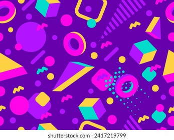 Memphis seamless pattern with 3d geometric shapes in 80s style. Colorful geometric pattern with isometric 3d shapes. Design of promotional products, wrapping paper and printing. Vector illustration