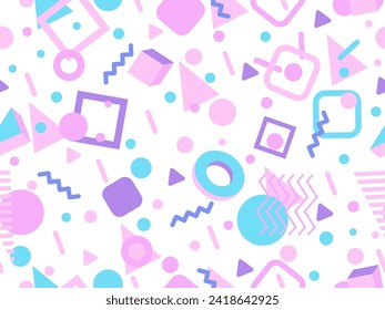 Memphis seamless pattern with 3d geometric shapes in 80s style. Colorful geometric pattern with isometric 3d shapes. Design of promotional products, wrapping paper and printing. Vector illustration