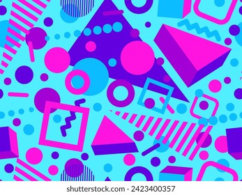 Memphis seamless pattern with 3d geometric shapes in 80s style. Colorful geometric pattern with isometric 3d shapes. Design of promotional products, wrapping paper and printing. Vector illustration