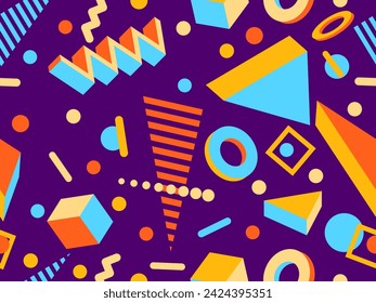 Memphis seamless pattern with 3d geometric shapes in 80s style. Colorful geometric pattern with isometric 3d shapes. Design of promotional products, wrapping paper and printing. Vector illustration