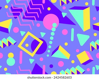 Memphis seamless pattern with 3d geometric shapes in 80s style. Colorful geometric pattern with isometric 3d shapes. Design of promotional products, wrapping paper and printing. Vector illustration