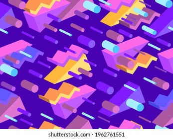 Memphis seamless pattern with 3d isometric geometric shapes in the style of the 80s. Background for promotional products, wrapping paper and printing. Vector illustration
