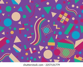Memphis seamless pattern with 3d shapes in 80s style. Isometric geometric shapes. Colorful background design for promotional products, wrapping paper and printing. Vector illustration