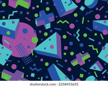 Patrón sin fisuras de Memphis con formas 3d en el estilo de los años 80. Formas geométricas isométricas en la paleta de colores retro. Diseño de fondo para productos promocionales, papel envolvente e impresión. Ilustración del vector