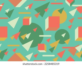 Patrón sin fisuras de Memphis con formas 3d en el estilo de los años 80. Formas geométricas isométricas en la paleta de colores retro. Diseño de fondo para productos promocionales, papel envolvente e impresión. Ilustración del vector