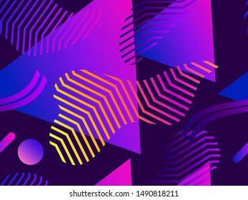 Memphis seamless pattern in 80s style. Geometric shapes with liquid gradient. Modern trend background. Vector illustration