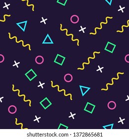 Memphis seamless pattern 80's-90's styles on dark background. Trendy memphis style. Colorful geometric seamless pattern different shapes color style. Vector Illustration - Vector 