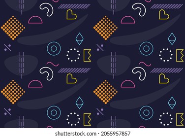 Memphis seamless pattern 80's-90's styles on dark background. Trendy Memphis style. Colorful geometric seamless pattern different shapes color style. Vector Illustration