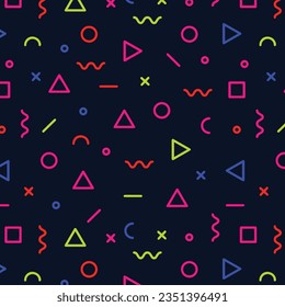 Memphis seamless pattern 80's-90's styles on dark background. Trendy memphis style. Colorful geometric seamless pattern different shapes color style. Vector Illustration