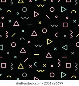 Memphis nahtlose Muster der 80er-90er Jahre auf dunklem Hintergrund. Trendy Memphis Stil. Farbige geometrische, nahtlose Muster verschiedene Formen Farbstil. Vektorgrafik
