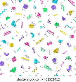 Memphis seamless pattern 80's-90's styles on dark background. Trendy memphis style. Colorful geometric seamless pattern different shapes color style. Vector Illustration