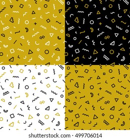 Memphis seamless pattern 80's-90's styles set with gold and white shapes. Colorful geometric pattern hipster memphis style. For use on stickers, banners, cards, advertisement. Vector Illustration