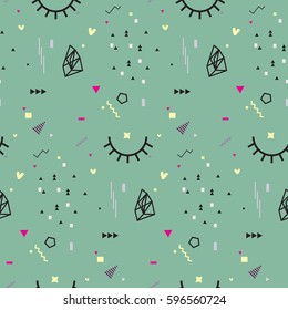 Memphis seamless pattern 80's-90's styles. Trendy. Colorful geometric background, different shapes. Vector Illustration.