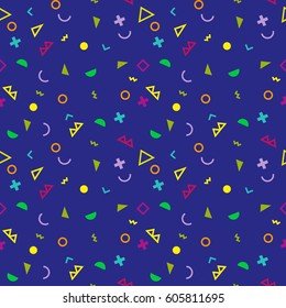 Memphis seamless pattern 80's-90's styles on dark background. Trendy memphis style. Colorful geometric seamless pattern different shapes color style