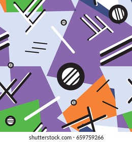 Memphis seamless pattern 80's-90's styles on colorful background. Trendy memphis style. Colorful geometric seamless pattern different shapes color style. Vector Illustration