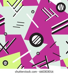 Memphis seamless pattern 80's-90's styles on colorful background. Trendy memphis style. Colorful geometric seamless pattern different shapes color style. Vector Illustration