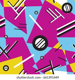 Memphis seamless pattern 80's-90's styles on colorful background. Trendy memphis style. Colorful geometric seamless pattern different shapes color style. Vector Illustration