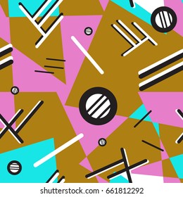 Memphis seamless pattern 80's-90's styles on colorful background. Trendy memphis style. Colorful geometric seamless pattern different shapes color style. Vector Illustration