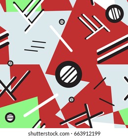 Memphis seamless pattern 80's-90's styles on colorful background. Trendy memphis style. Colorful geometric seamless pattern different shapes color style. Vector Illustration
