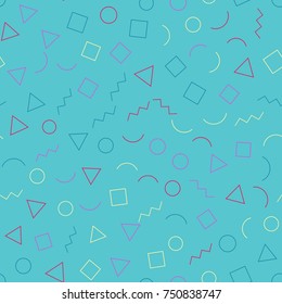 Memphis seamless pattern 80's-90's styles on a blue background with different shapes. Trendy memphis style. Vector repeating texture.