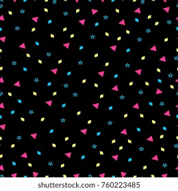 Memphis seamless pattern 80's-90's styles on black background. Trendy memphis vintage style. Colorful geometric seamless pattern different shapes color style. Vector Illustration