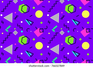 Memphis seamless pattern 80's-90's styles on purple background. Trendy memphis style. . Vector Illustration