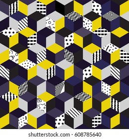 Memphis seamless pattern 80s-90s-vector illustration. Colorful geometric seamless pattern of cubes with different geometrical patterns. Bright colored cubes.