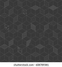 Memphis seamless pattern 80s-90s-vector illustration. Geometric seamless pattern of cubes with different geometrical patterns. A monochrome ornament of cubes.
