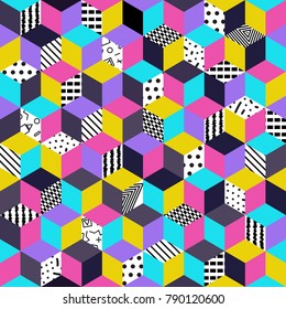 Memphis seamless pattern 80s-90s-vector illustration. Colorful geometric seamless pattern of cubes with different geometrical patterns. Bright colored cubes.