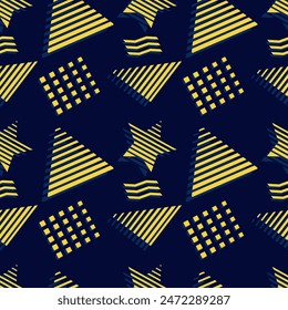Memphis seamless pattern 90s, 80s retro style. Abstract geometric background with different geometric shapes: stars, triangles, squares, zig-zags, lines. Yellow, dark blue