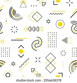 Memphis seamless pattern. Abstract check geometric shape. Repeated graphic element. Scattered geometry background. Repeating funky patern. Modern graphic design for prints. Fashion style. Vector