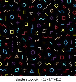 Memphis seamless pattern. Abstract geometric background. Multicolored geo design for every day prints. Modern hipster graphic neo circle, line, square, triangle. Fashion colorful element shape. Vector