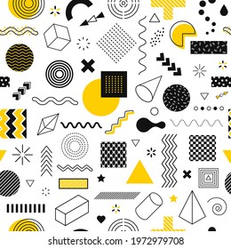 Memphis seamless pattern. Abstract geometric graphic shapes line, circle. Funky retro 90s style geometric design elements vector texture with parallelepiped, dots, zigzag and curved lines