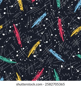 Memphis Seamless Pattern. Abstract Modern Print. Multicolored Elements on Black Background. Sample can be used for Fabric, Cover, Wrapping Paper. Vector Illustration
