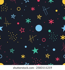 Memphis Seamless Pattern. Abstract Modern Print. Multicolored Elements on Black Background. Sample can be used for Fabric, Cover, Wrapping Paper, Mugs. Vector Illustration