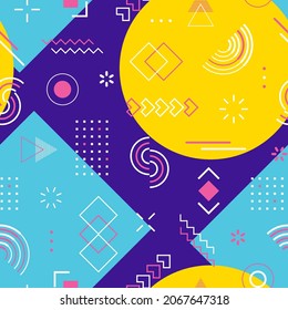 Memphis seamless pattern. Abstract neon geometric shape. Repeated bright graphic element. Scattered geometry background. Repeating funky patern. Modern graphic design for prints. Fashion style. Vector