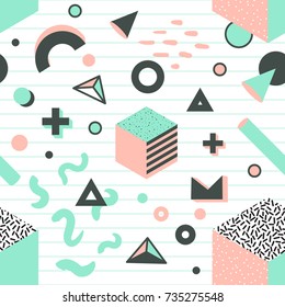 Memphis Seamless Pattern. Abstract Trendy Background Retro Style. Modern Poster, Card Design with Geometric Elements. Vector illustration