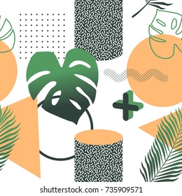 Memphis Seamless Pattern. Abstract Trendy Background Retro Style. Modern Poster, Card Design with Geometric Elements and Tropical Leaves. Vector illustration