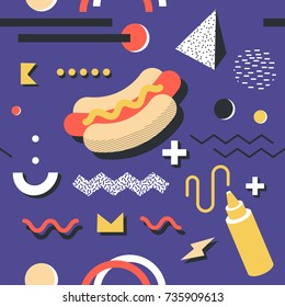 Memphis Seamless Pattern. Abstract Trendy Background Retro Style. Modern Poster, Card Design with Geometric Elements and Hotdog. Vector illustration