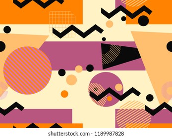 Memphis seamless pattern, autumn colors. Geometric abstract background in the style of 80s, 90s. Vector illustration