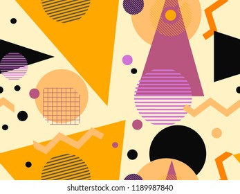 Memphis seamless pattern, autumn colors. Geometric abstract background in the style of 80s, 90s. Vector illustration
