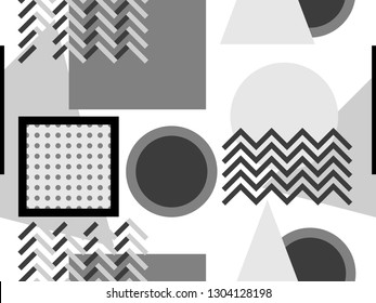 Memphis seamless pattern, black and white geometric shapes in the style of 80s. Points and dotted lines. Vector illustration