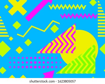 Memphis seamless pattern. Chaotic geometric shapes in the style of 80s. For promotional products, wrapping paper and printing. Vector illustration